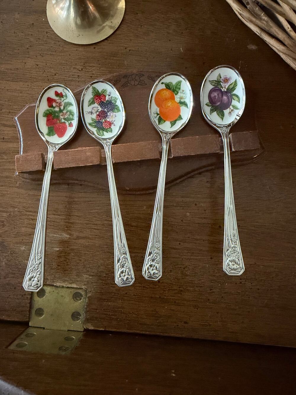 Vintage Avon Fruit Jelly/Jam Spoons Porcelain Silver Stainless Steel Set Of 4